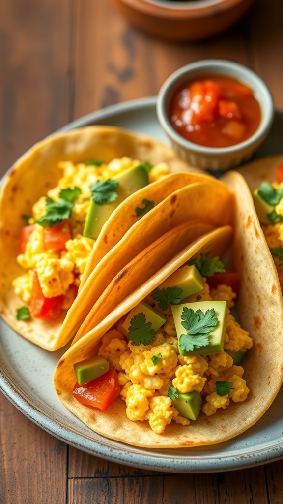 Breakfast tacos with scrambled eggs, cheese, and avocado on a rustic plate with salsa.